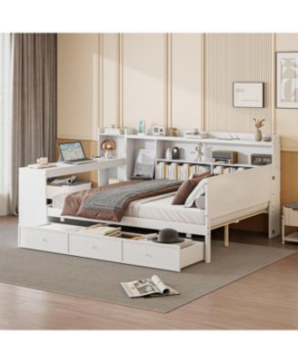 Full Size Wooden Daybed With 3 Drawers, USB Ports and desk