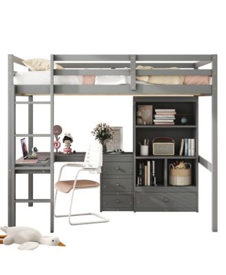 High Loft Bed with Desk, Storage, Ladder, Grey