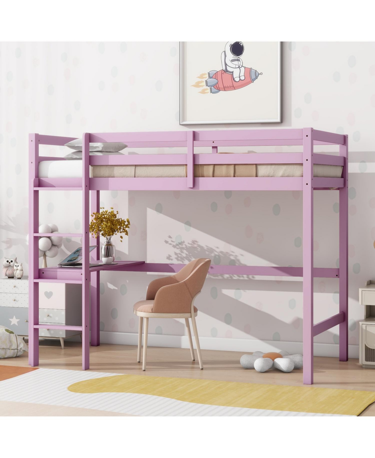 Streamdale Furniture Pink Twin Loft Bed with Desk & Guardrail