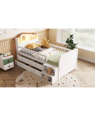 Streamdale Low Loft Bed with LED Lights, Wooden Twin Loft Bed with House Shape Headboard, Kids Loft Bed with Storage Drawers
