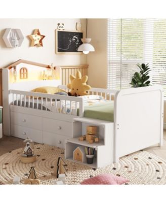 Streamdale Low Loft Bed with LED Lights, Wooden Twin Loft Bed with House Shape Headboard, Kids Loft Bed with Storage Drawers