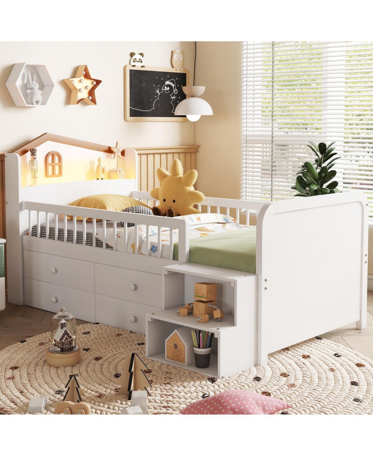 Streamdale Furniture Streamdale Low Loft Bed with Led Lights, Wooden Twin Loft Bed with House Shape Headboard, Kids Loft Bed with Storage Drawers