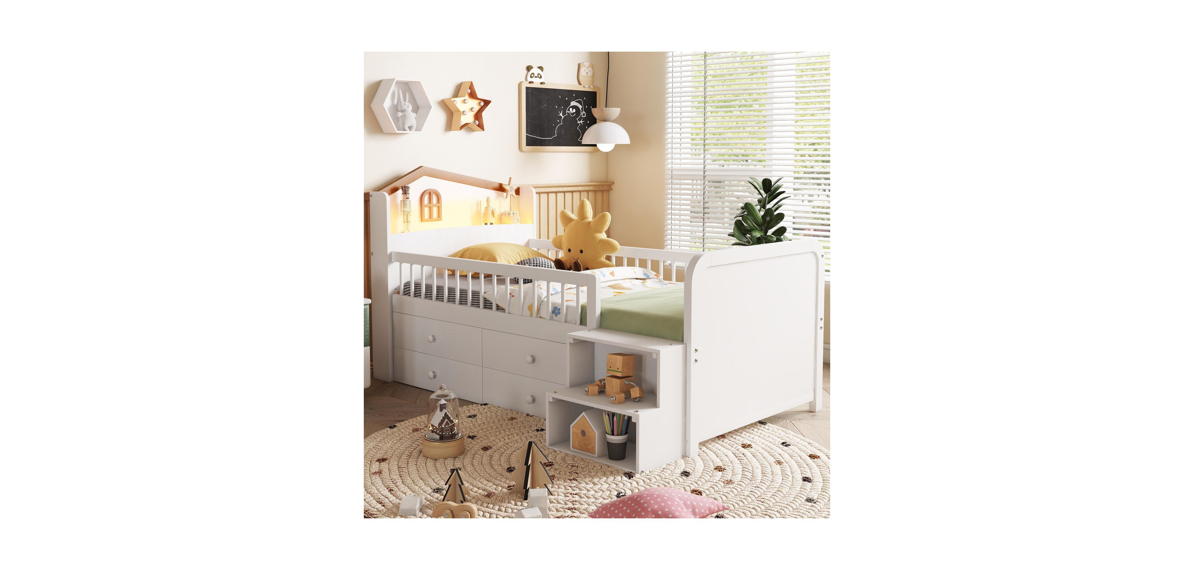 Streamdale Furniture Streamdale Low Loft Bed with Led Lights, Wooden Twin Loft Bed with House Shape Headboard, Kids Loft Bed with Storage Drawers