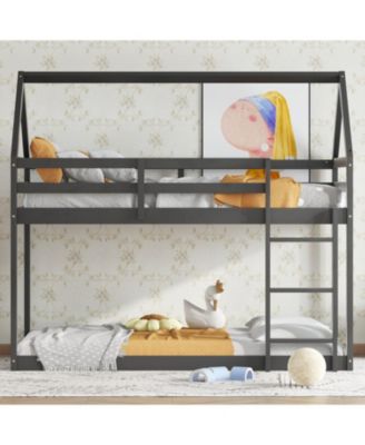 Twin over Twin Rubber Wood Floor Bunk Bed, with ladder,Guardrails,House-Shaped