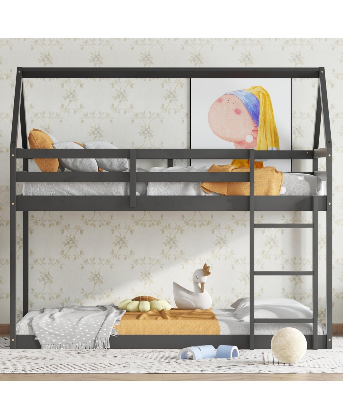 Streamdale Furniture Twin over Twin Rubber Wood Floor Bunk Bed, with ladder,Guardrails,House-Shaped