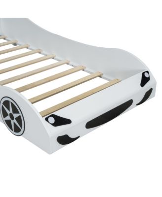  Wood Twin Size Race Car-Shaped Platform Bed with LED and Upholstered Backrest
