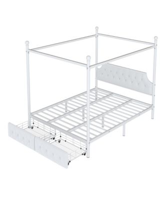 Queen Size Metal Canopy Platform Bed with Upholstered Headboard and Two Storage Drawers