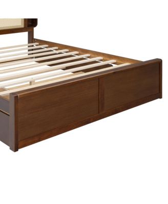 Queen Size Rattan Headboard Bed with Two Drawers and Trundle