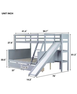 Twin over Full Bunk Bed with 2 Drawers, Slide, Shelves, Ladder, Rubber Wood Bunk Bed with Slide, Drawers