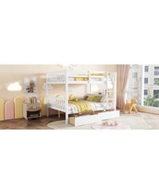 Full Rubber Wood Bunk Bed with Two Drawers, Convertible into 2 Beds