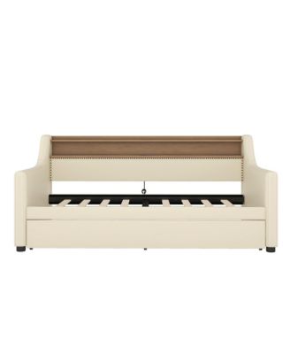 Twin Size Daybed with Trundle, Upholstered Daybed with Charging Station and LED Lights