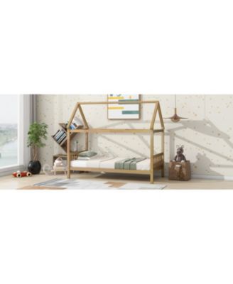  Twin House Bed with Headboard and Footboard, Twin Rubber Wood Bed with House Frame,White OAK