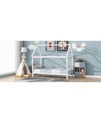 Twin House Bed with Headboard and Footboard, Twin Rubber Wood Bed with House Frame