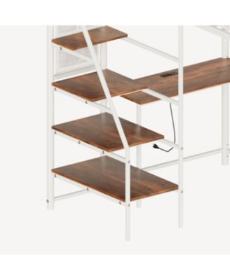  loft metal bed with white for bedroom and dormitory, with built-in charging station and LED lighting