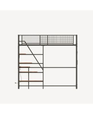 Twin sized loft metal bed with black for bedroom and dormitory, with built-in charging station and LED lighting