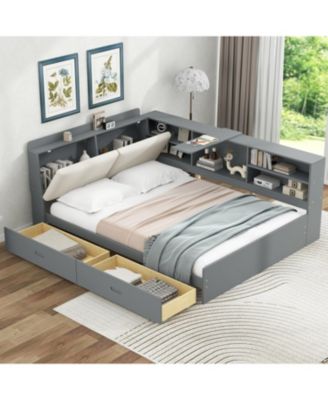 Wood Full Size platform bed with Storage Headboard, Shelves and 2 Drawers