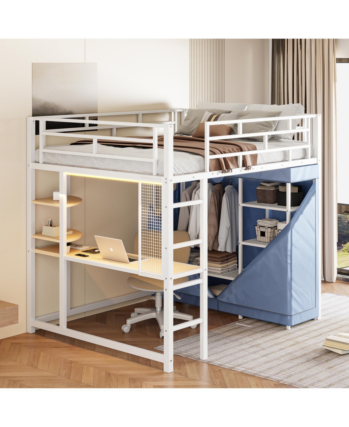 Streamdale Furniture Full Size Loft Metal Bed with Desk,Shelves,Power Outlet,Led Light and Wardrobe