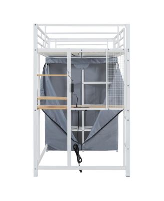 Twin Size Loft Metal Bed with Desk,Shelves,Power Outlet,LED Light and Wardrobe