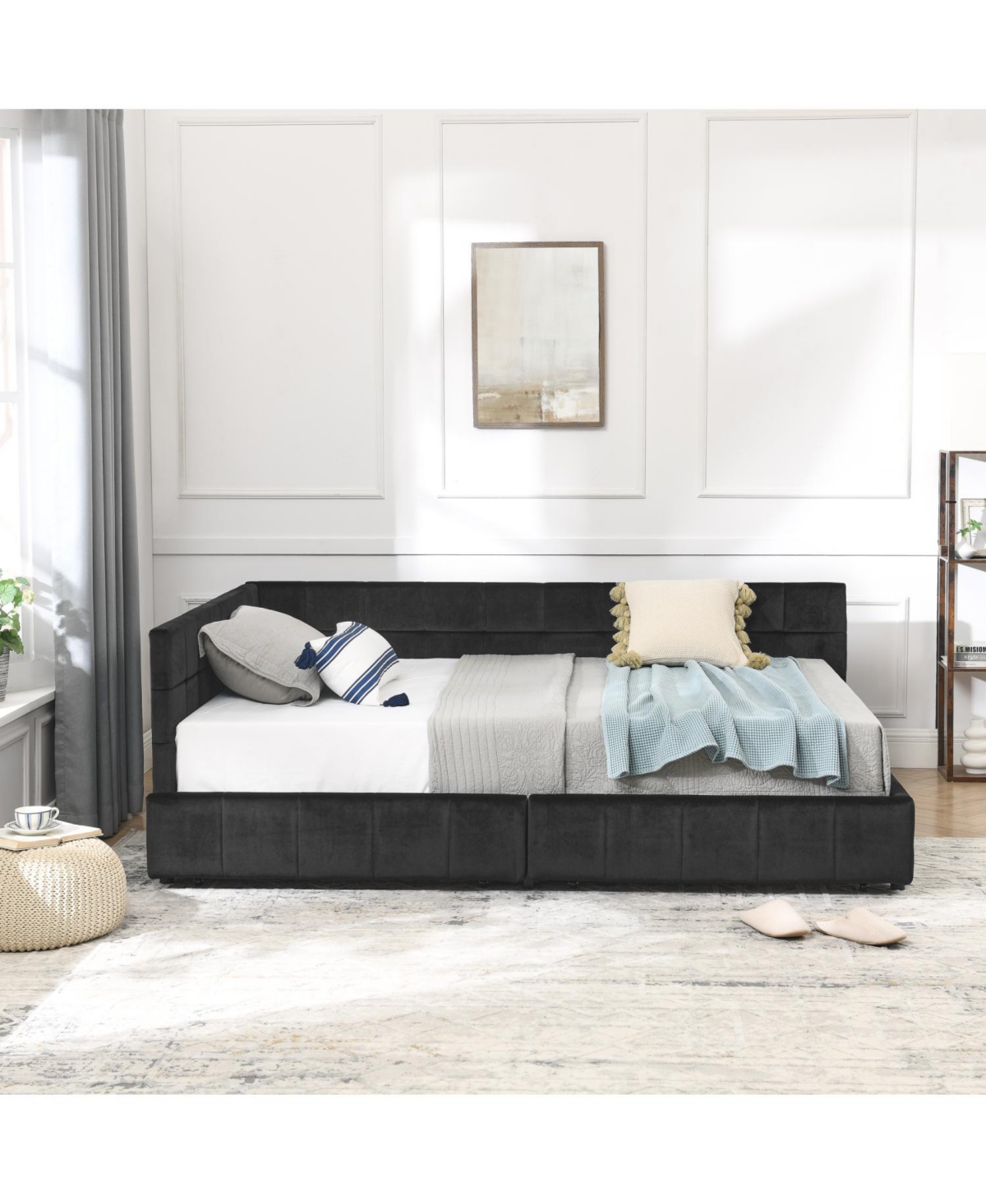 Streamdale Furniture Upholstered Full Bed Frame with Backrest and Armrests, Black