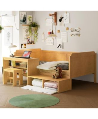  Wooden Twin Daybed with Storage, Study Desk, and Stool