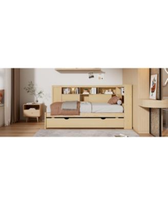 Twin Size Wood Daybed with Storage Shelves, USB and Trundle