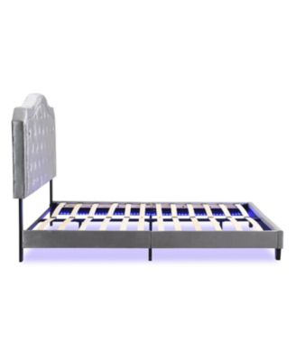  Queen Upholstered Bed with Tufted Curve Design, LED Platform, Strong Wood Slats, Easy Setup - Light Grey Velvet