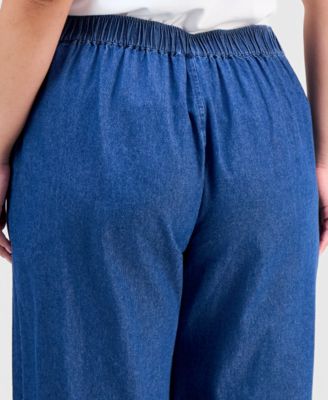 Plus Size Cotton Mid-Rise Pull-On Chambray Pants 