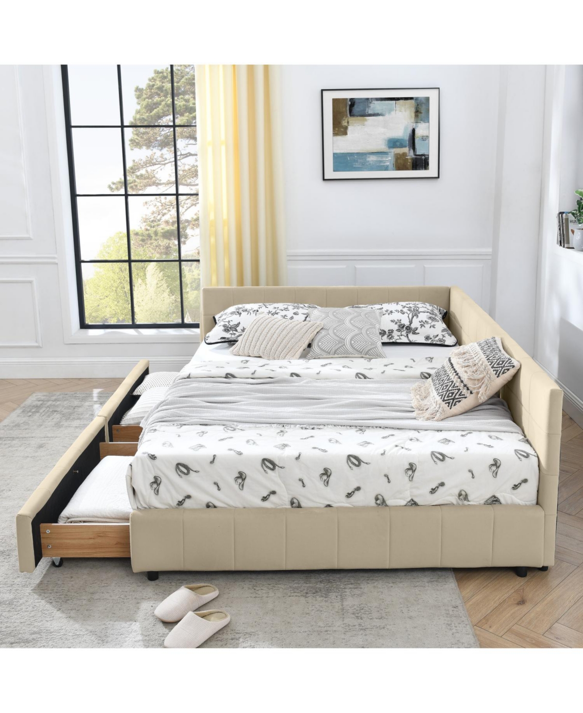 Streamdale Furniture Queen Bed Frame with Upholstered Headboard & Armrests