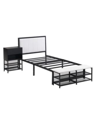 Twin size Metal Platform Bed with Two-Tier Storage Shelves, Wooden Storage Cabinet