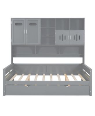 Full Size Wooden Daybed with Twin Size Trundle, and All-in-One Cabinet and Shelf.