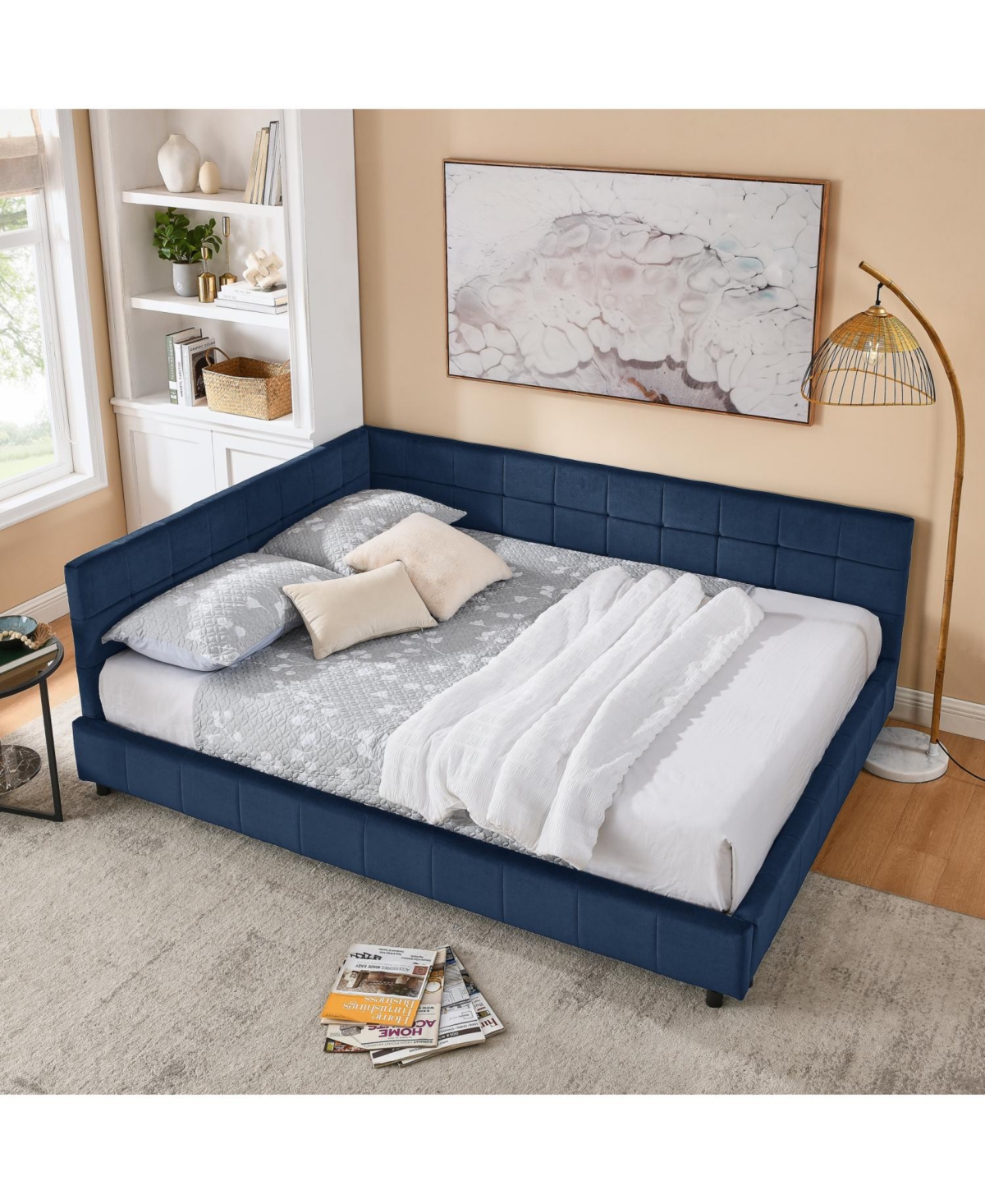 Streamdale Furniture Queen Bed Frame with Tufted Backrest, Armrests, and Velvet Upholstery