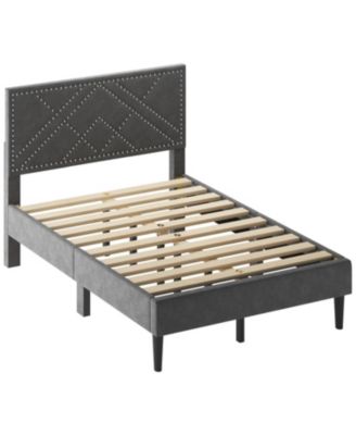 Full Size Metal Platform Bed with Storage Headboard and Strong Slats