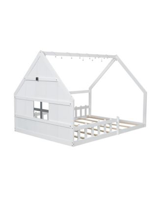 Full Size Wood House Bed with Window and Fence.