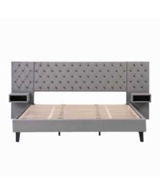 Streamdale Grey Velvet Platform Bed with Headboard, 2 Nightstands & Diamond Tufting