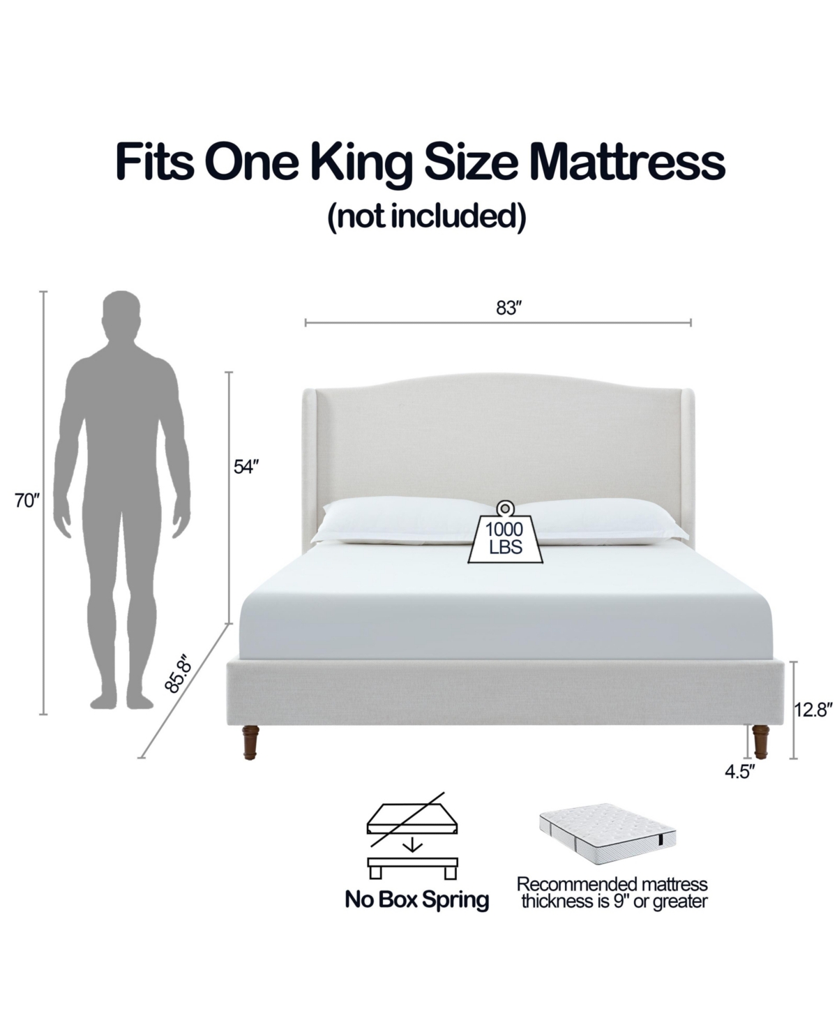 Streamdale Furniture Hannah King Upholstered Wingback Bed with 54" Headboard, Ivory Chenille Look