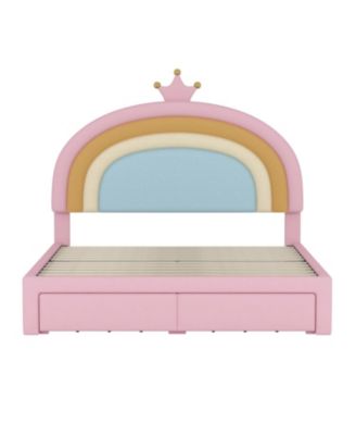 Princess Bed with Storage Drawer, Velvet Rainbow Upholstered Platform Bed
