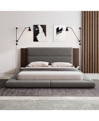 Streamdale Floor Upholstered Platform Bed with Extended Wood Headboard & Bedside Shelf,No Box Spring Needed,King Size
