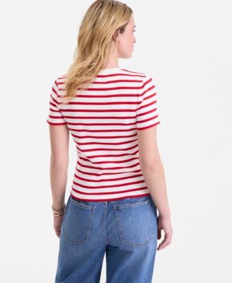 Women's Crochet-Trim Striped T-Shirt