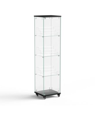4-Tier Glass Storage Cabinet with Lock and Wheels