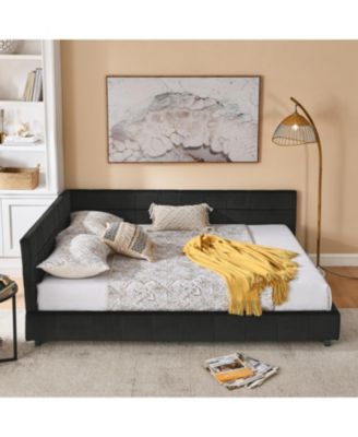 Queen Upholstered Bed Frame with Backrest and Armrests, Velvet, Black (85.5"x64.5"x30.5")
