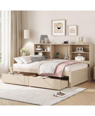 Twin Size Bed Frame With Side Bookshelves, Two Drawers, And Built-in USB Port