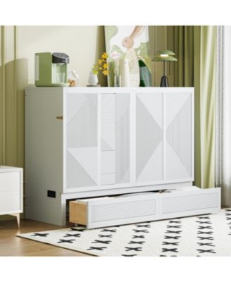 Full Size Murphy Bed with Large Drawer,USB Ports and Outlets,White