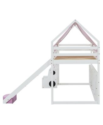 Twin size Wooden Loft Bed House-shaped Frame with a Tent