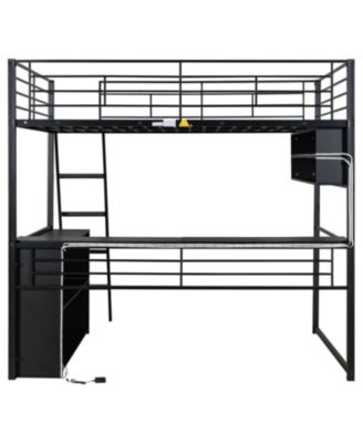 Full Size Metal Loft Bed with LED Desk and 4 Storage Shelves Black