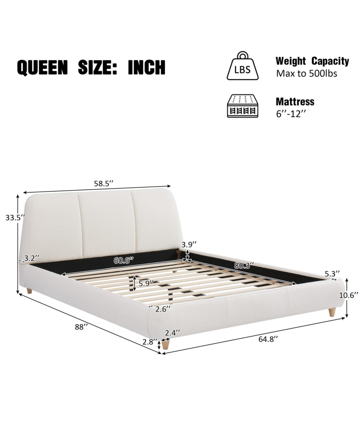 Streamdale Furniture White Upholstered Bed Frame