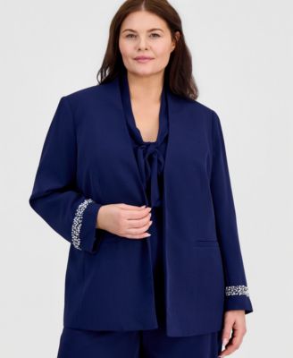Plus Size Collarless Open-Front Jacket and High-Rise Wide-Leg Pull-On Pants