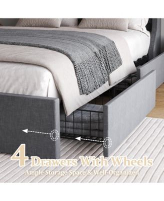 Dark Grey Button Tufted Wingback Bed Frame with 4 Drawers