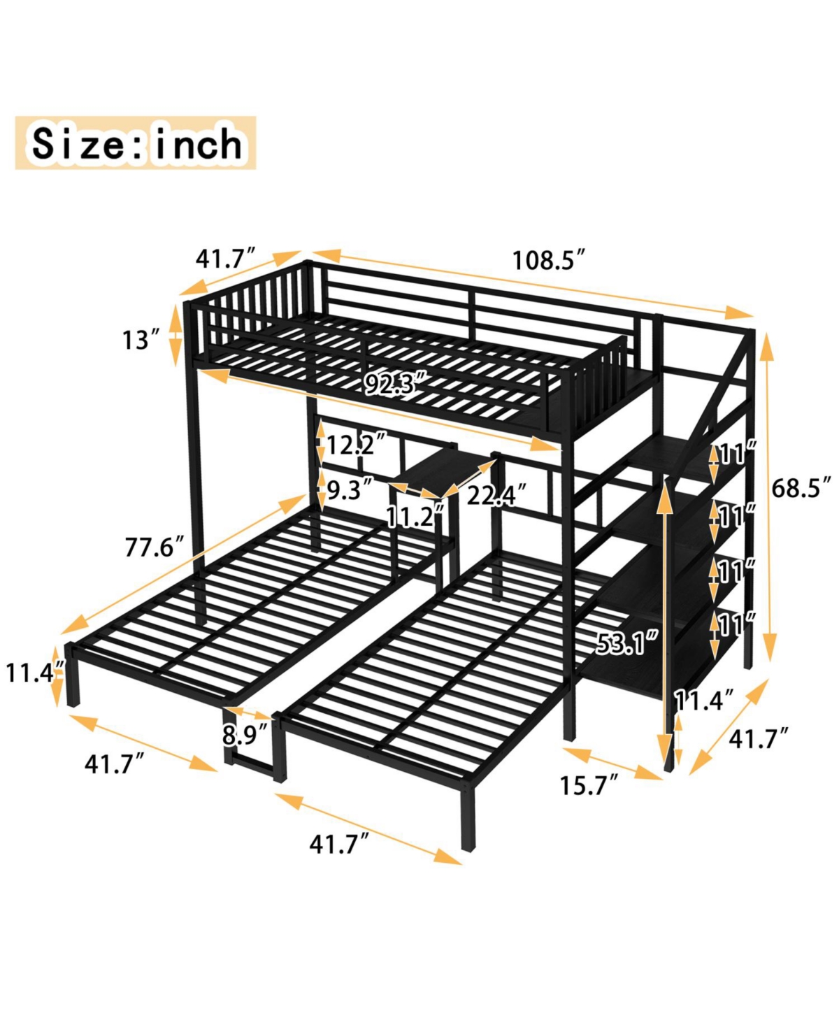 Streamdale Furniture Triple Twin Bunk Bed with Desk & Shelves