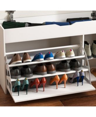 Entryway Bench Shoe Storage Flip-Up Drawers Hidden Cabinet White