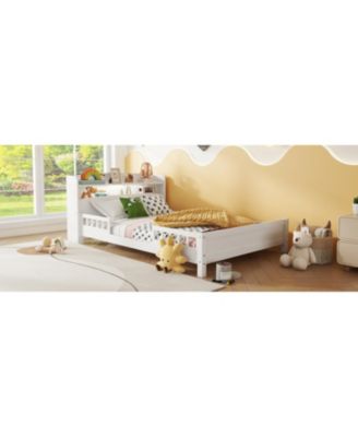 Pine Wood Bed with Bookcase Headboard LED & Guardrails White